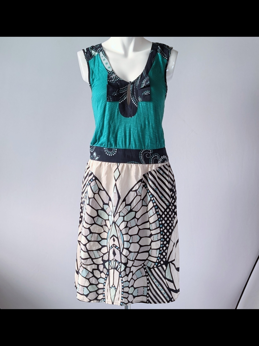 Postella Midi Dress Green Blue Geometric Butterfly Sleeveless Dress Size Small